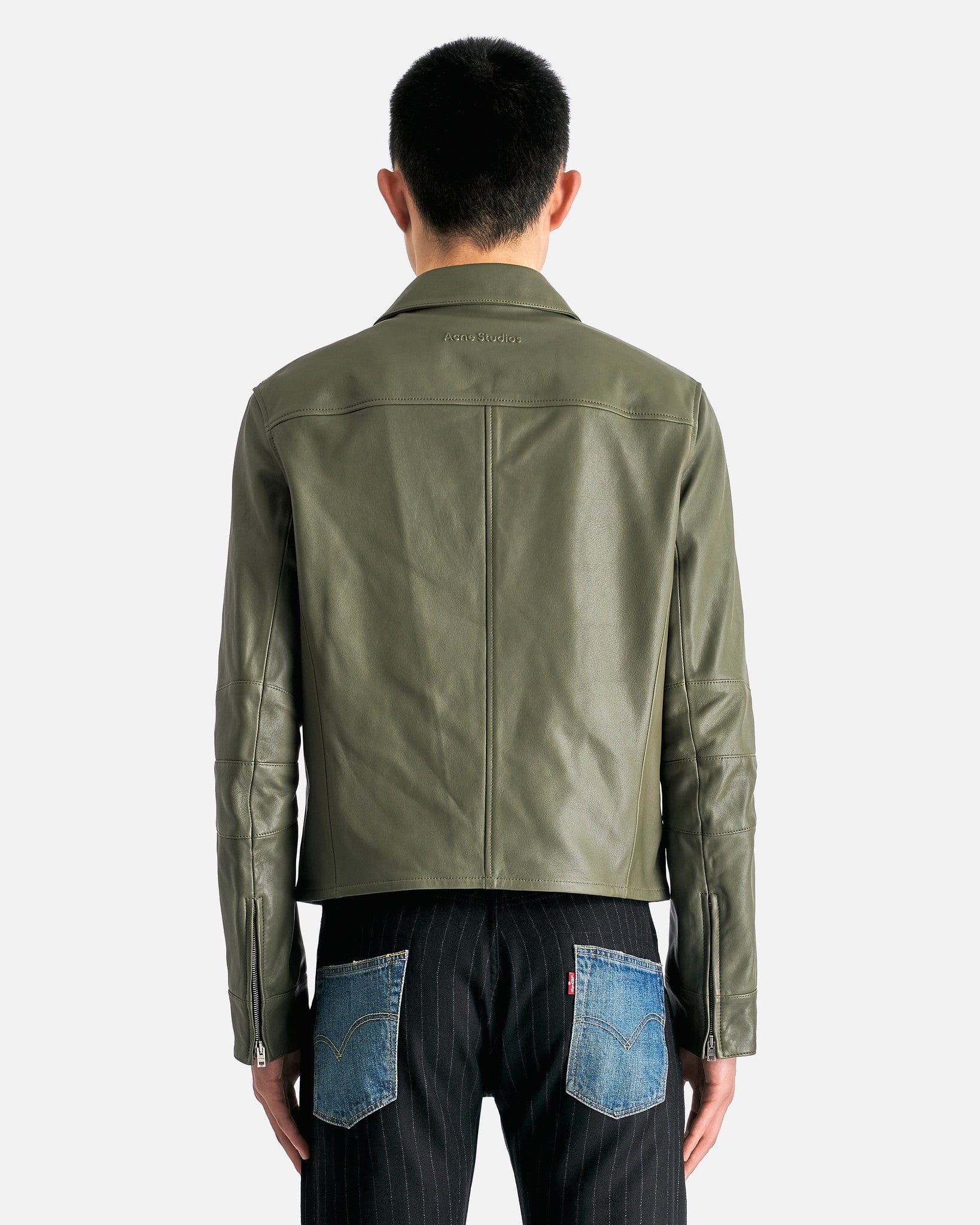 Leather Zip-Up Jacket in Dusty Green - Image 3