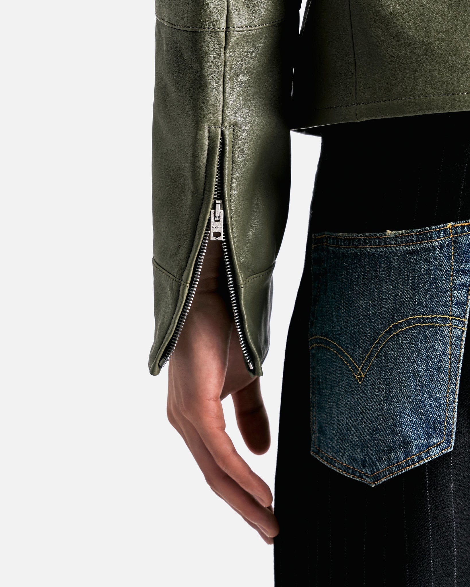 Leather Zip-Up Jacket in Dusty Green - Image 6