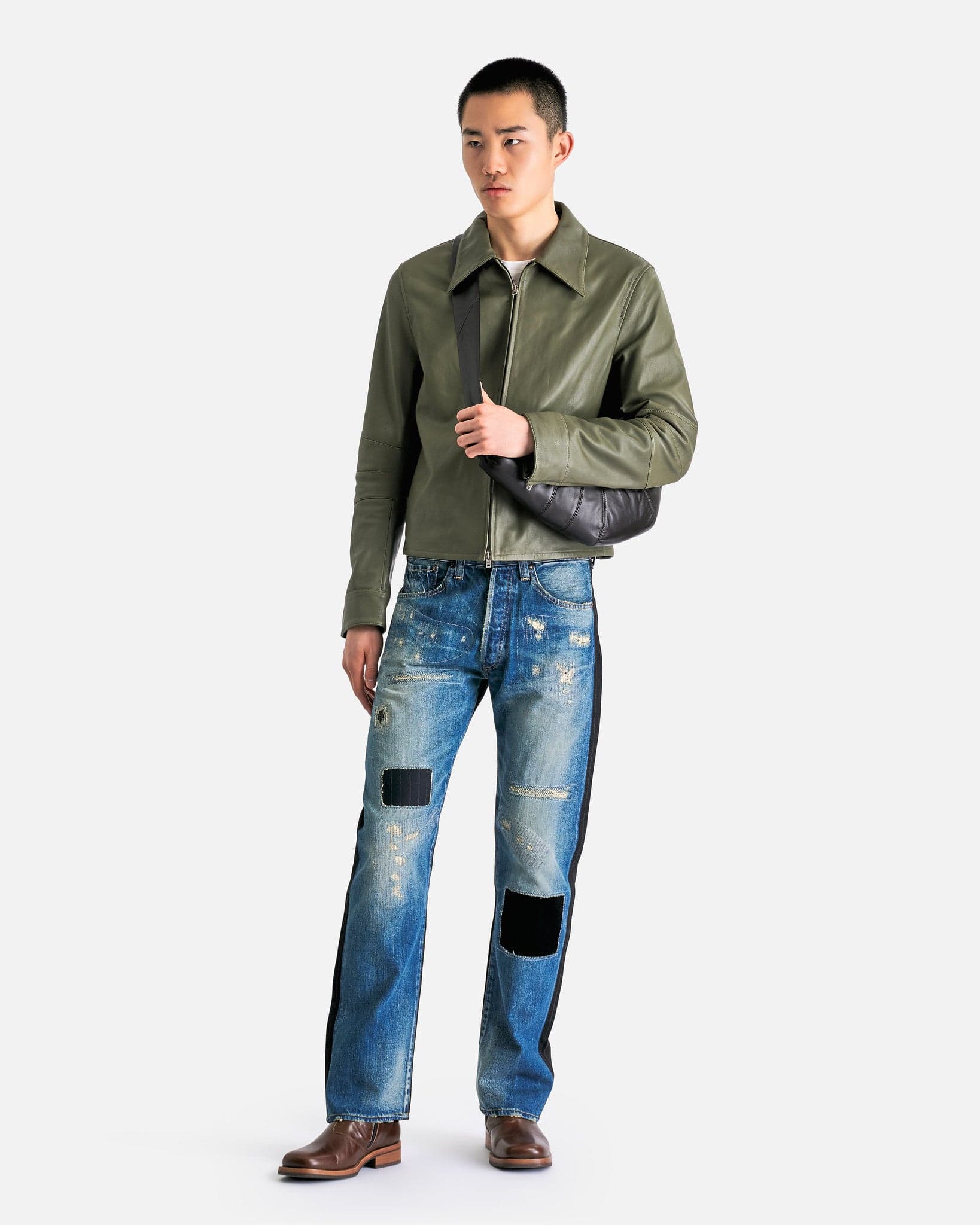 Leather Zip-Up Jacket in Dusty Green - Image 8